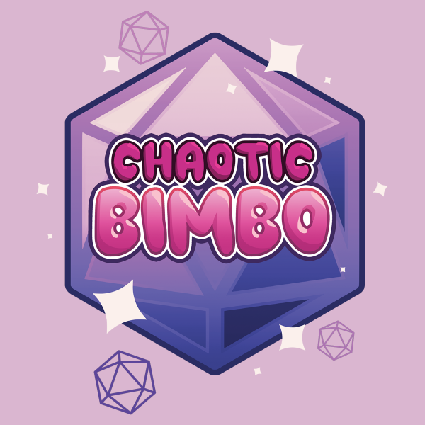 A purple D20 dice shape is behind bubbly hot pink text that says "Chaotic Bimbo". Sparkles and D20's surround the overall design. This is printed on a pastel pink t-shirt