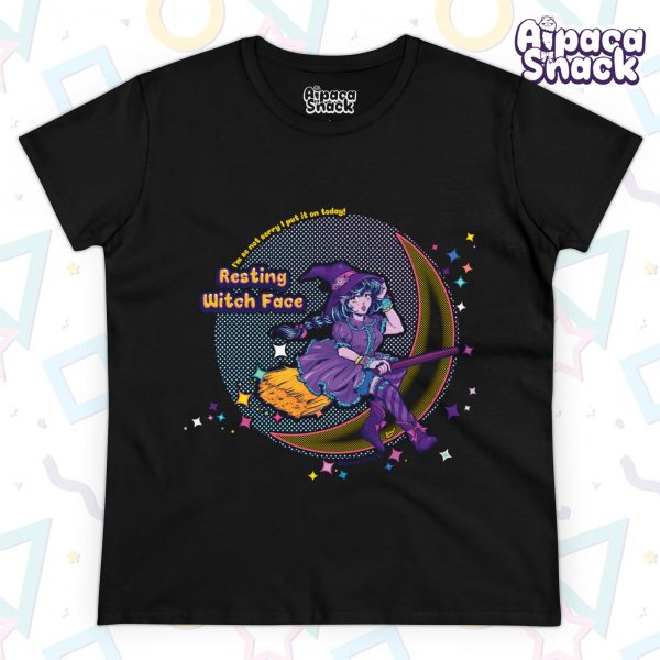 This shirt features a cute anime style witch girl wearing a witch hat decorated with flowers, a purple dress in elegant gothic lolita style, with boots and striped stockings, riding on a boom in front of a crecent moon. She is surrounded by sparkles. The text on the shirt reads "Resting Witch Face" in bold letters. In smaller text, circling the moon, it reads "I'm so not sorry I put it on today!" This shirt comes in black and dark purple.