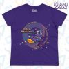 This shirt features a cute anime style witch girl wearing a witch hat decorated with flowers, a purple dress in elegant gothic lolita style, with boots and striped stockings, riding on a boom in front of a crecent moon. She is surrounded by sparkles. The text on the shirt reads "Resting Witch Face" in bold letters. In smaller text, circling the moon, it reads "I'm so not sorry I put it on today!" This shirt comes in black and dark purple.