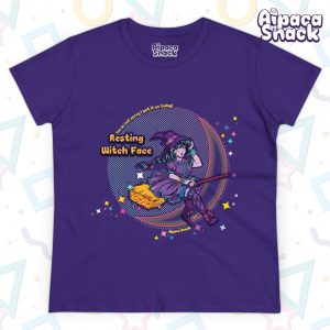 This shirt features a cute anime style witch girl wearing a witch hat decorated with flowers, a purple dress in elegant gothic lolita style, with boots and striped stockings, riding on a boom in front of a crecent moon. She is surrounded by sparkles. The text on the shirt reads "Resting Witch Face" in bold letters. In smaller text, circling the moon, it reads "I'm so not sorry I put it on today!" This shirt comes in black and dark purple.